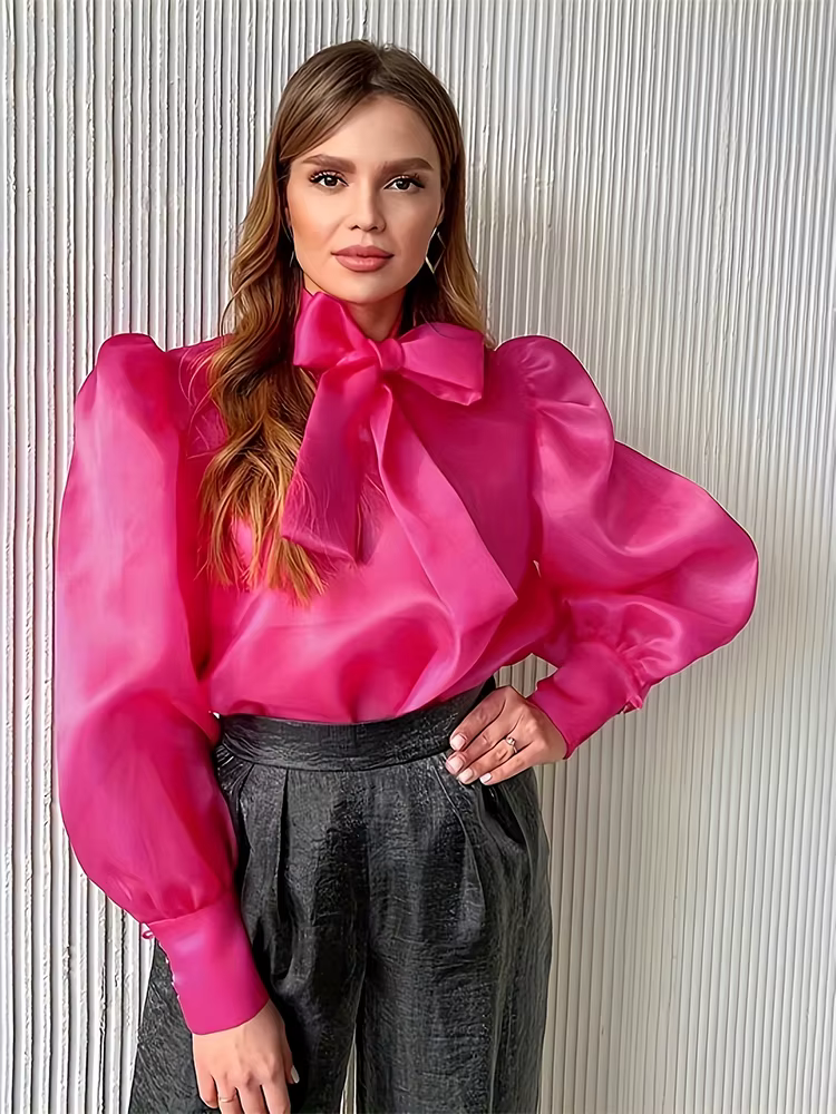 Chemise transparente pour femmes, chemisier à lacets, col avec nœud, manches longues bouffantes, Str