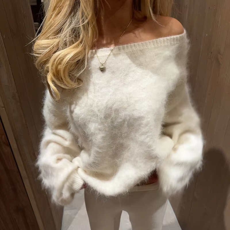 Sexy femmes tricot solide Mohair pull ample épaules nues à manches longues femme pulls 2025 automne