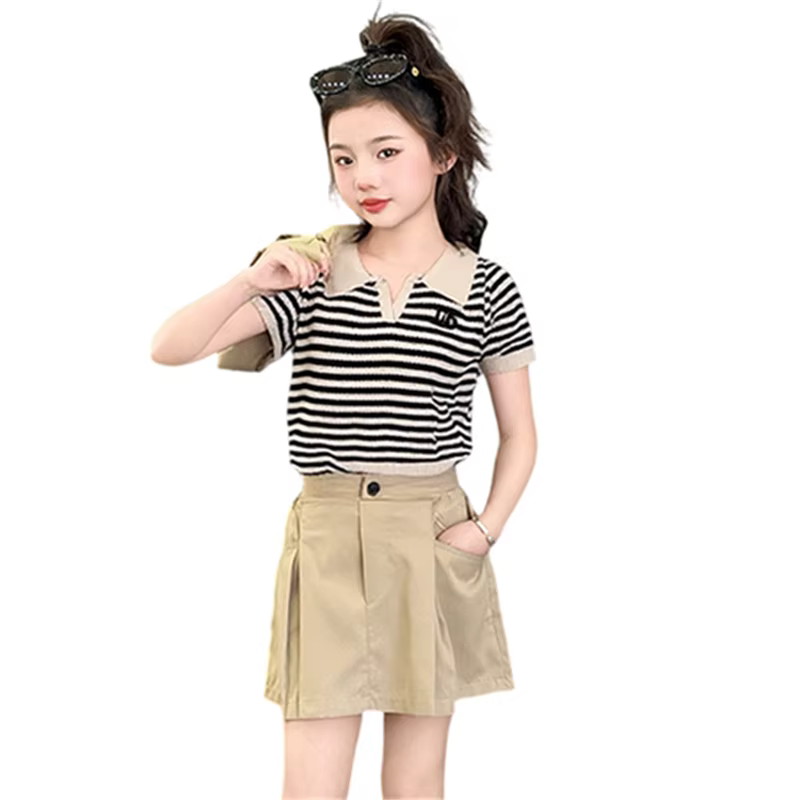 Enfants fille élégant été pull t-shirt haut jupe ensemble de vêtements enfants Style Preppy tricot P