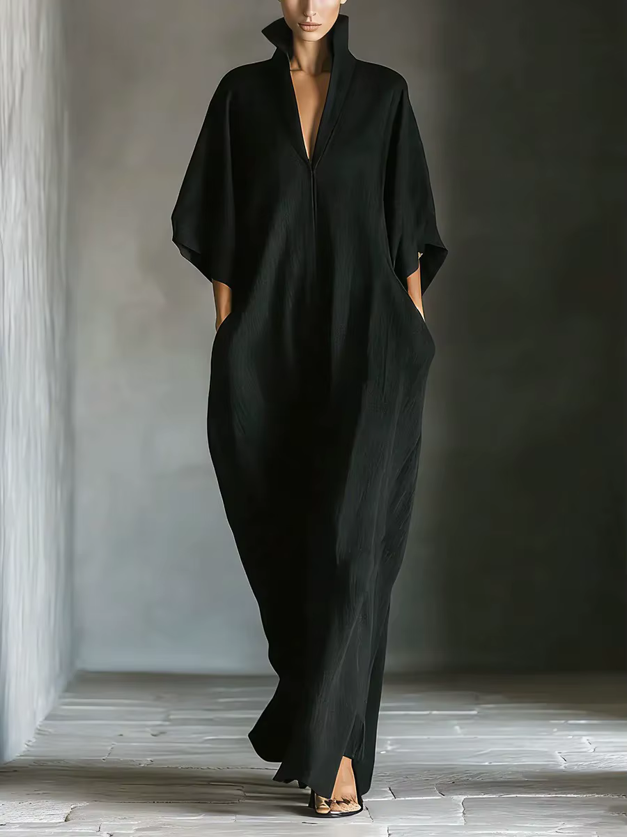 Robe décontractée à manches longues et col en v, couleur unie, coupe ample, longueur cheville, 6 cou