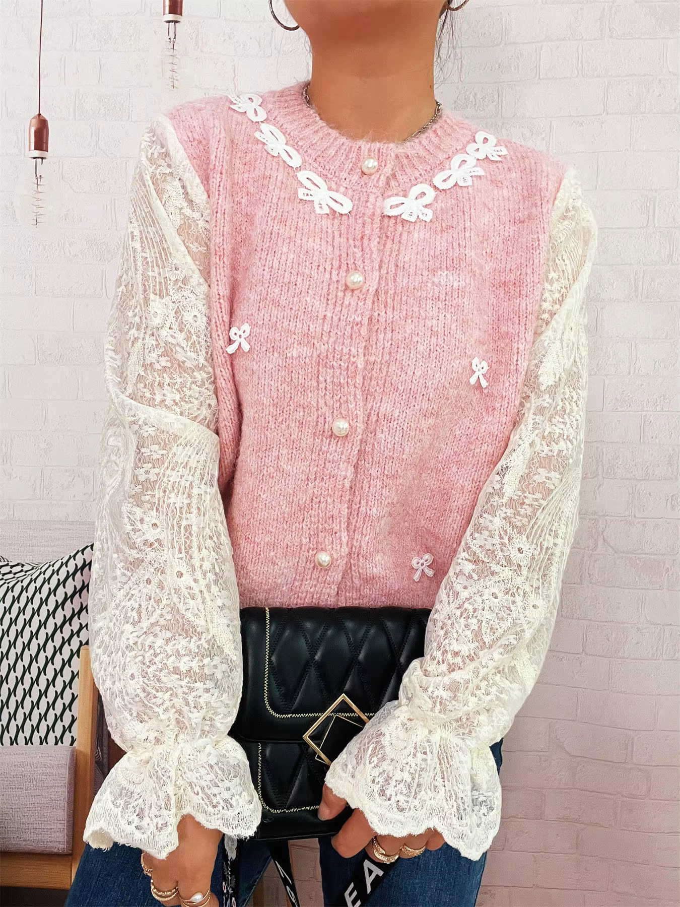 Pull élégant à manches en dentelle pour femmes, avec nœud d'épissure, boutons tricotés, nouvelle col