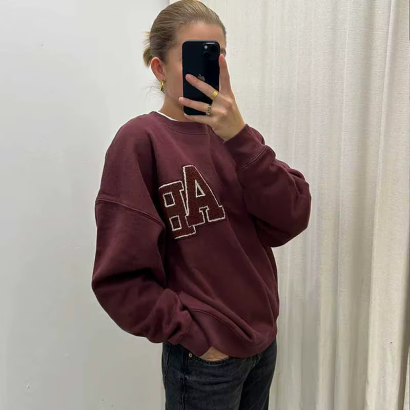 Sweat-shirt surdimensionné bordeaux foncé pour femme, style à enfiler, lettres floquées, détail, bor
