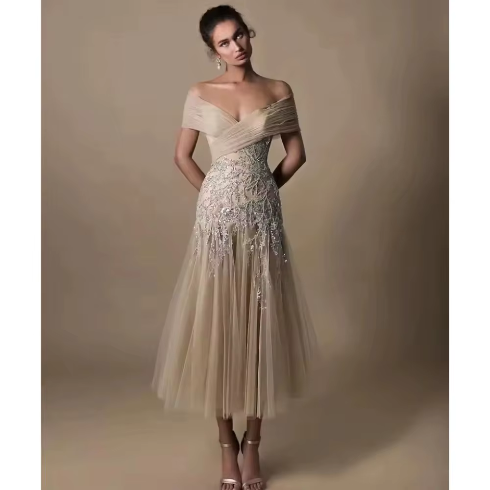 Robes de cocktail en tulle champagne, épaules dénudées, perles scintillantes, robes de bal charmante