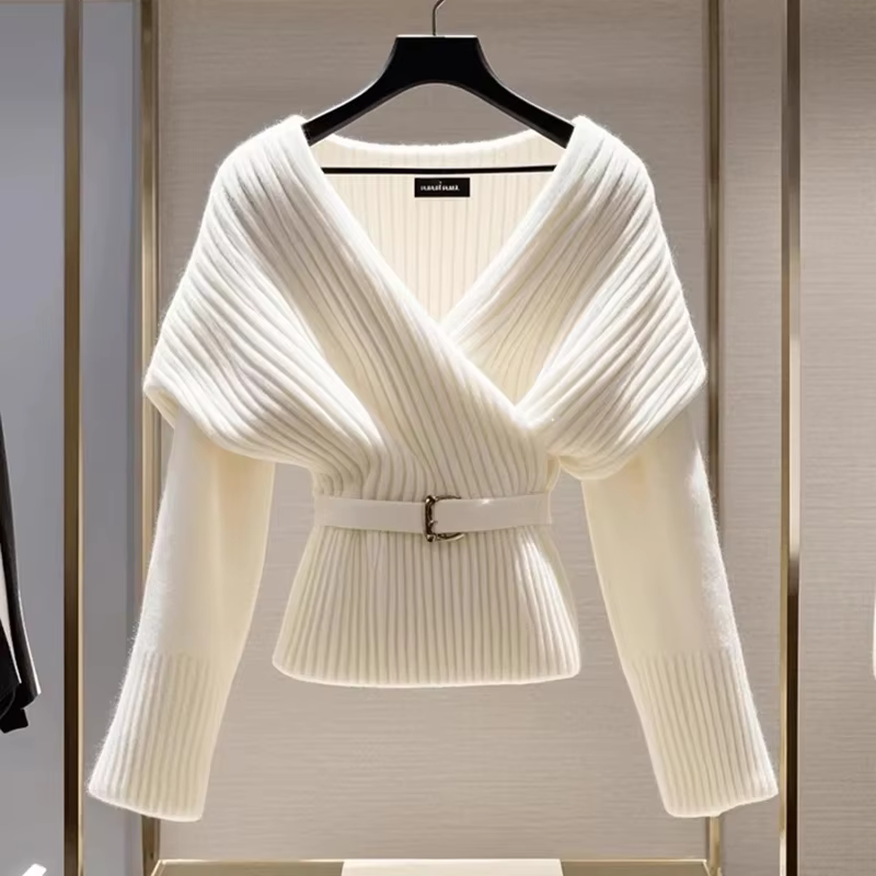 Femmes blanc tricoté pull Blouses mode col en v à manches longues nouveau haut Vintage doux luxe pul