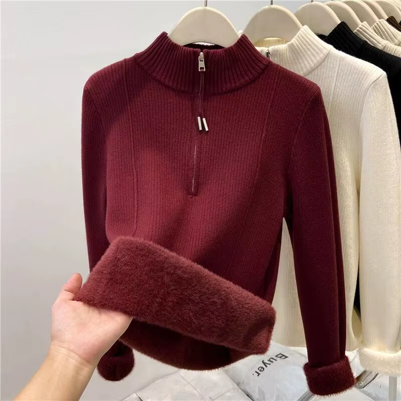 Pull demi-col roulé à fermeture éclair avec doublure polaire, chemise à Base tricotée épaisse pour f