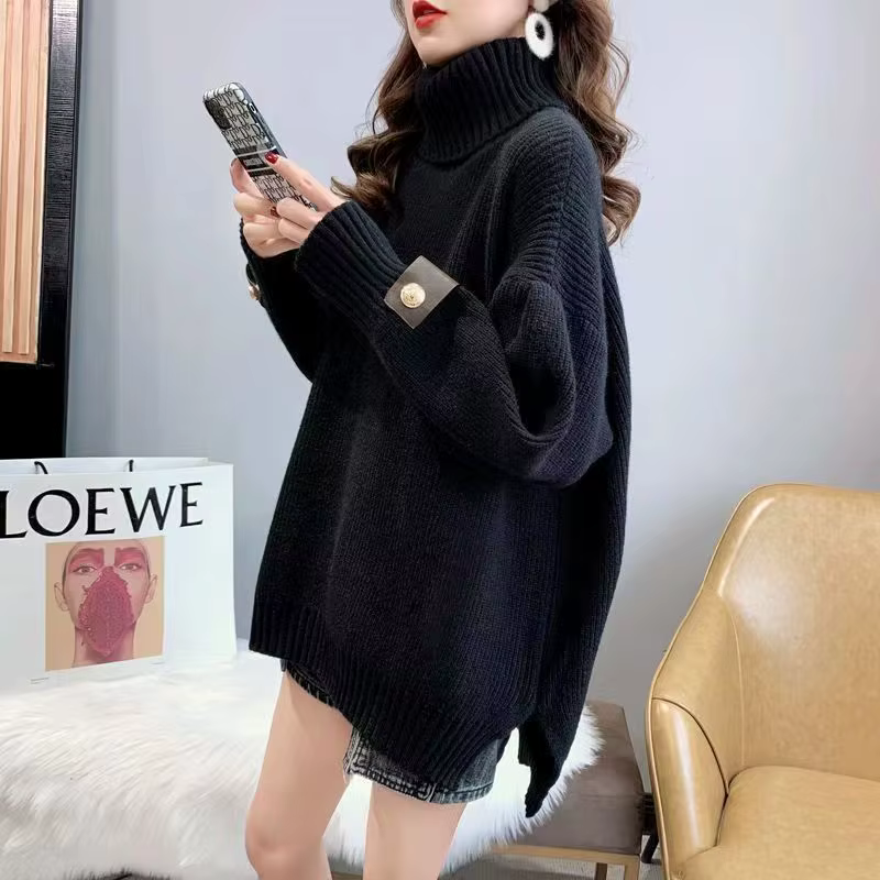 Pulls à col roulé vintage pour femmes, pulls à manches longues, vêtements décontractés, bouton mn, p