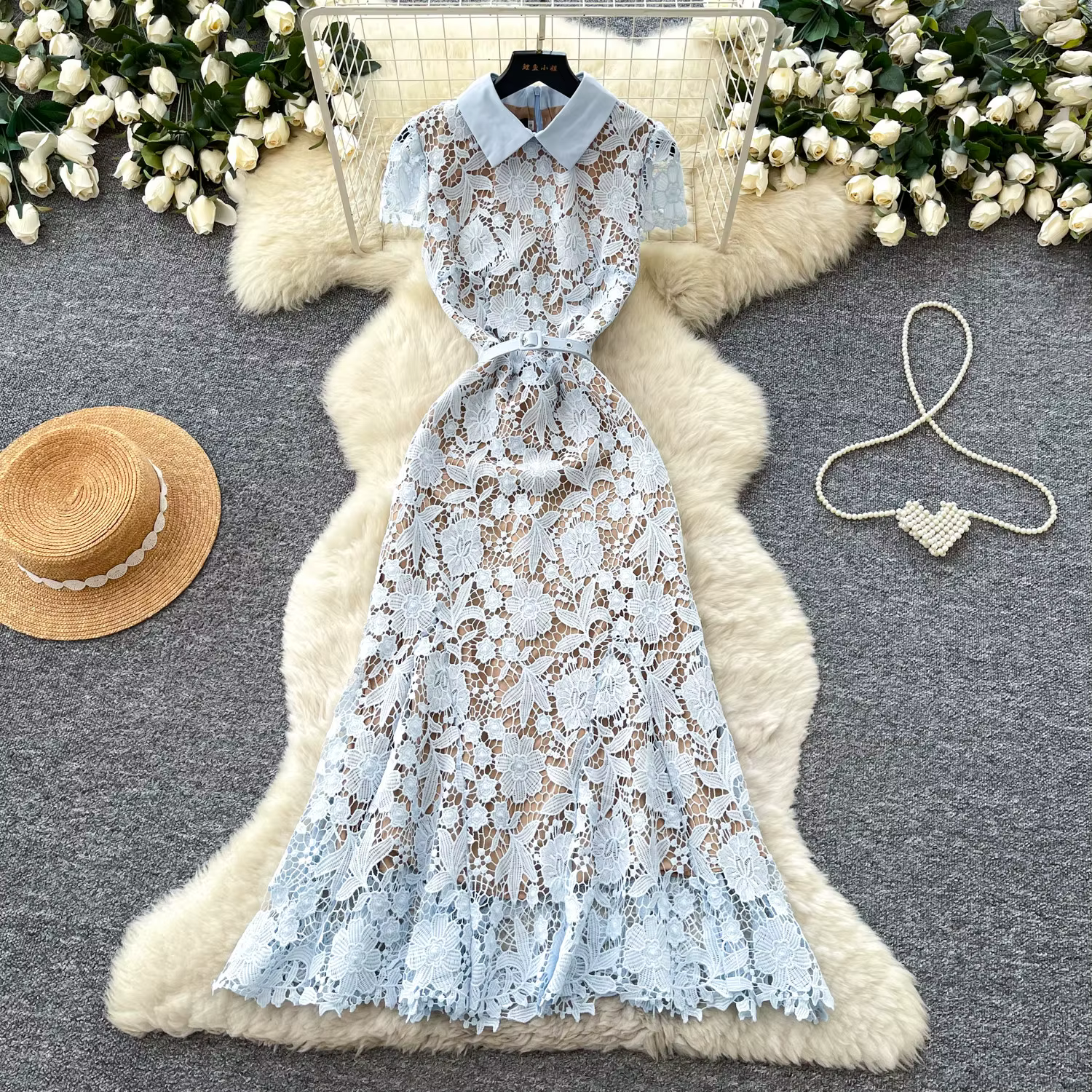 Robe longue rose pour femme avec col à revers, dentelle, manches courtes, ceinture, coupe sirène aju