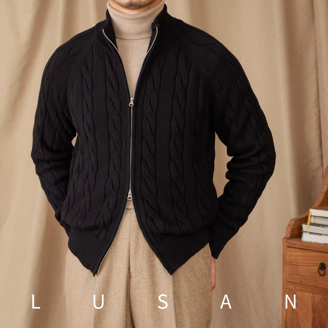 Cardigan britannique tricoté en pur coton, épais, torsadé, Double fermeture éclair, avec col Vertica
