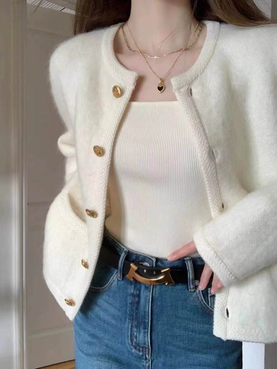 Cardigan à col rond pour femme, manteau pull blanc tempérament, haut de style à simple boutonnage, d