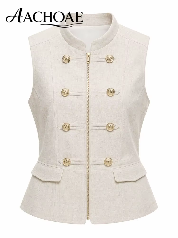 AACHOAE – gilet sans manches en mélange de lin pour femmes, style militaire, gilet cintré, boutons d