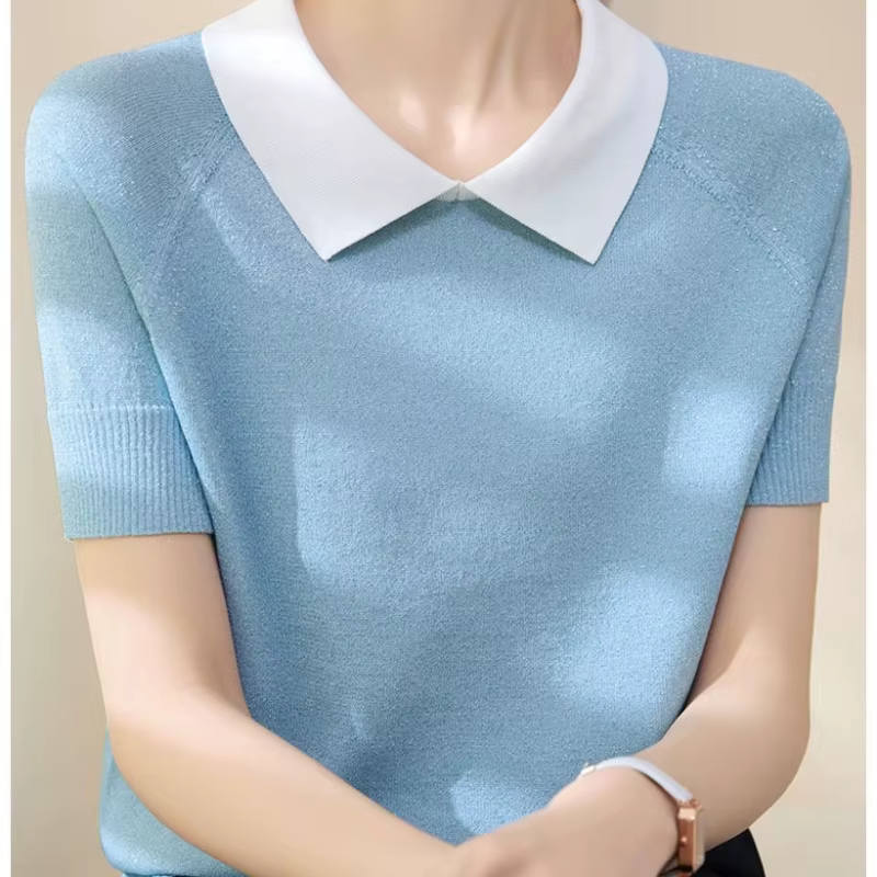 Pull en soie glacée à manches courtes pour femmes, col Polo, soie brillante, ample, grande taille, b