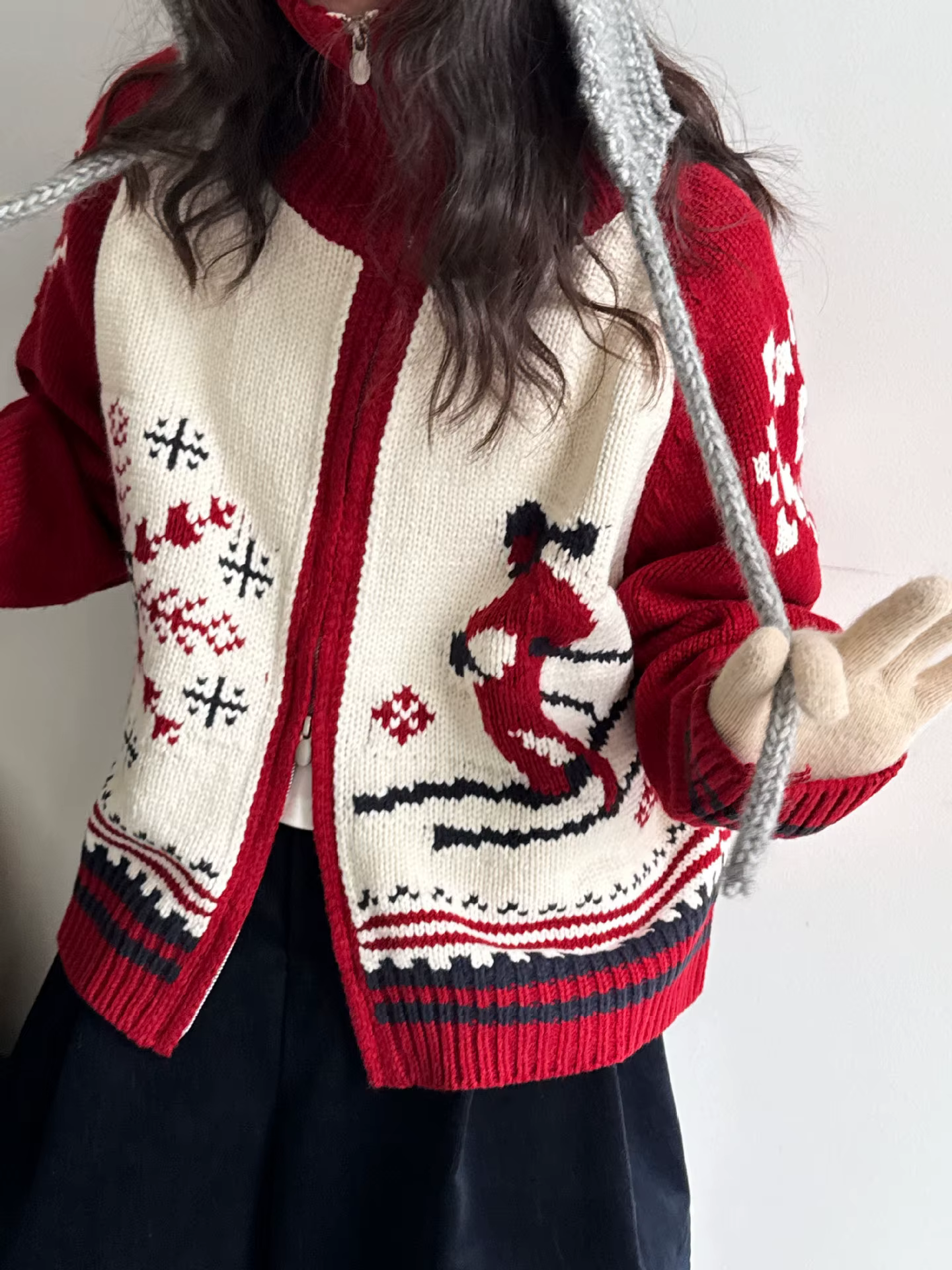 Pull rétro Jacquard à Double fermeture éclair pour femme, Cardigan tricoté, nouveau Style de noël pa
