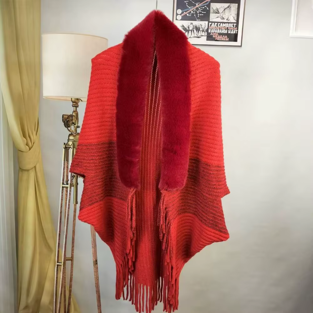 Cape Cardigan à la mode, col en fausse fourrure, enveloppes en peluche, châle tricoté, chaud pour l'