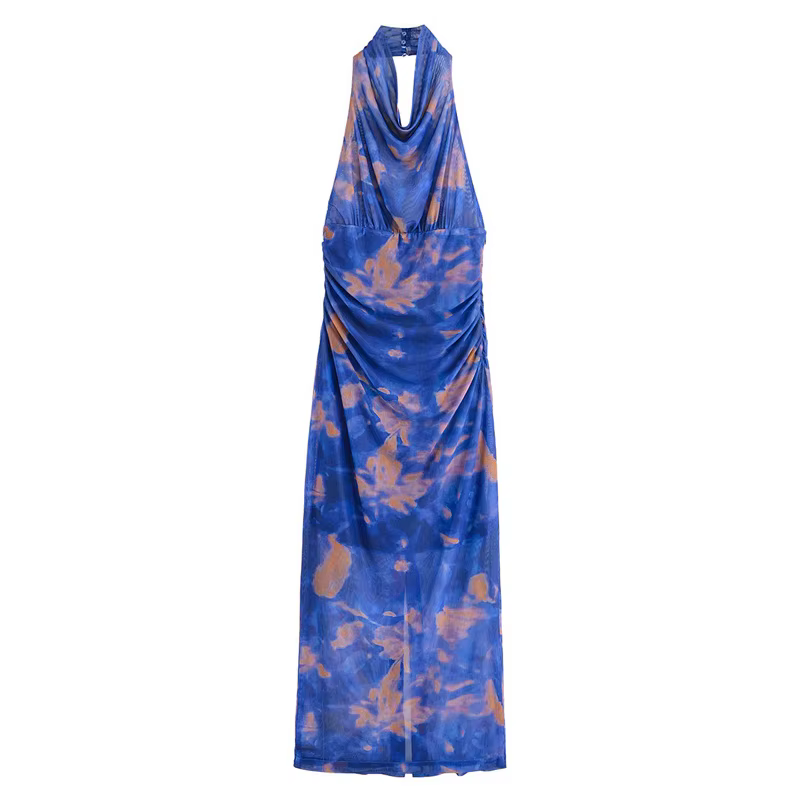Robe longue imprimée licou pour femmes, col suspendu, Sexy, dos nu, coupe cintrée, fente plissée, Ro