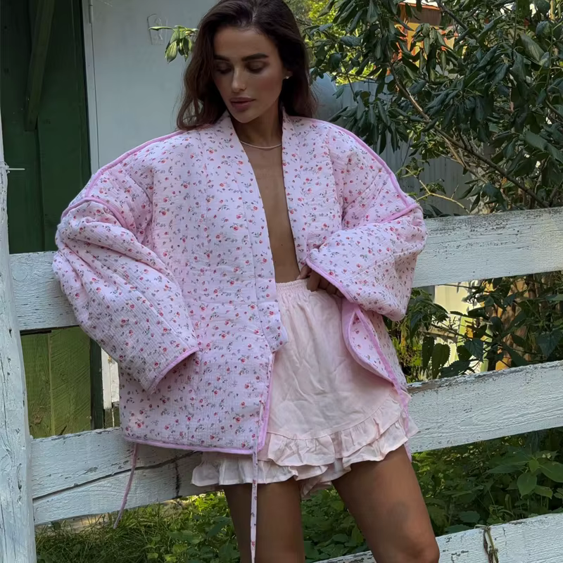 Cardigan à imprimé floral pour femme, joli manteau à lacets, rose, décontracté, optique, mode combin