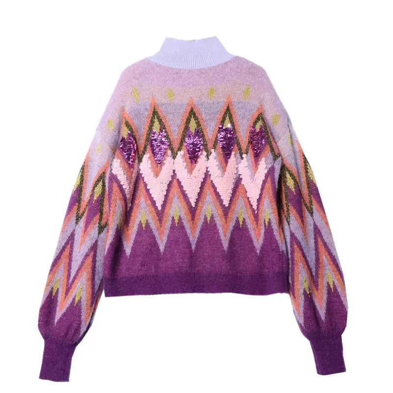 TEELYNN-Pull à col roulé brodé à paillettes violettes pour femmes, pull paresseux, pull chaud vintag