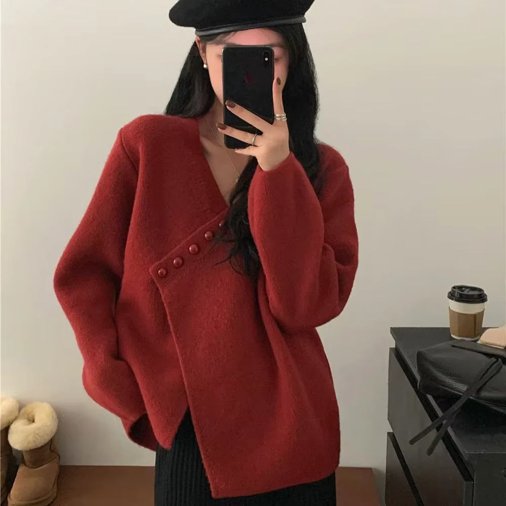 Cardigan femme pull hiver bouton rouge hauts en tricot pour femme col en v Crochet mode 2025 concept