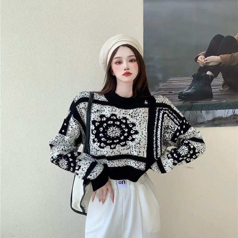 Pull femme graphique court hauts en tricot pour femme pulls courts col rond manches longues Crochet 
