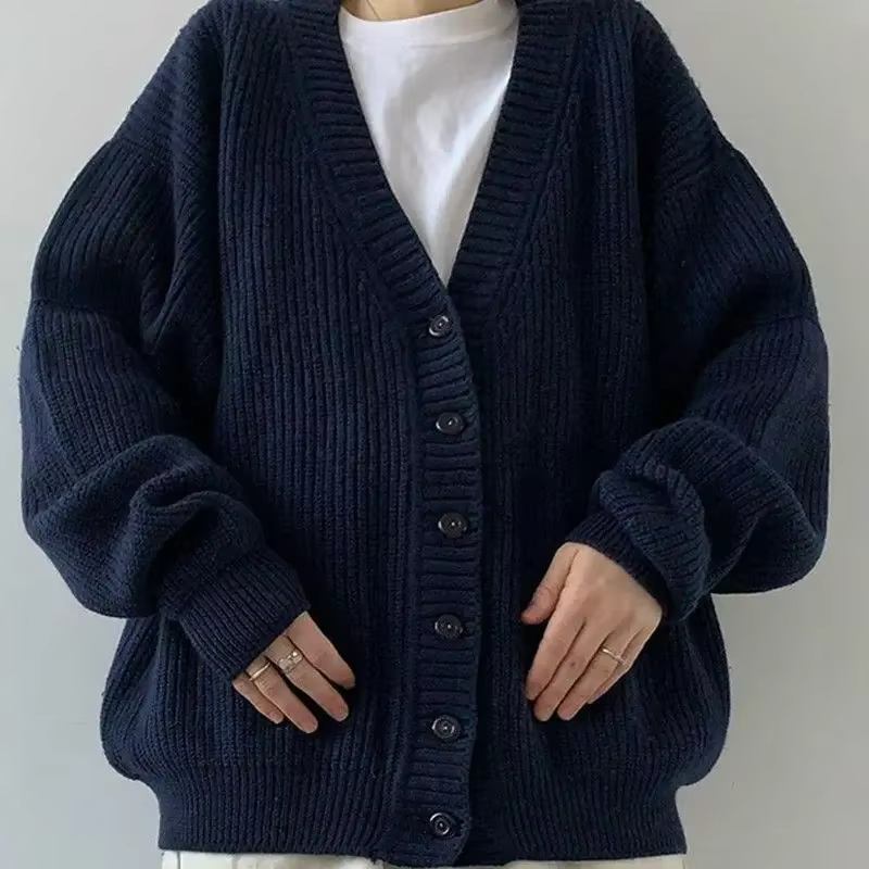 Pull bleu marine pour femme, haut tricoté à col en v, Cardigan à boutons, nouvelle collection hiver 