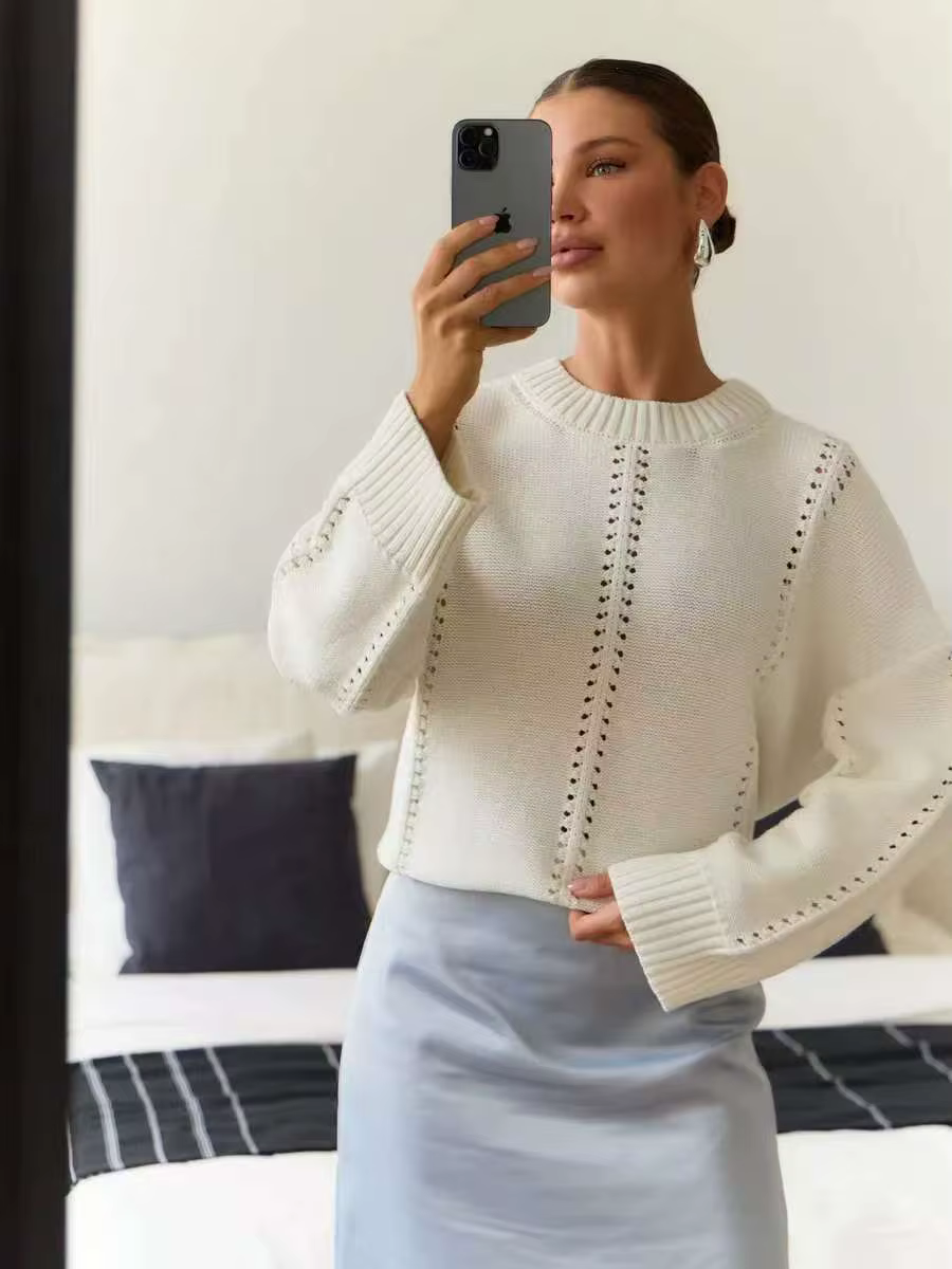 Pull ajouré européen et américain pour femmes, début d'automne, nouveau pull ample à col rond