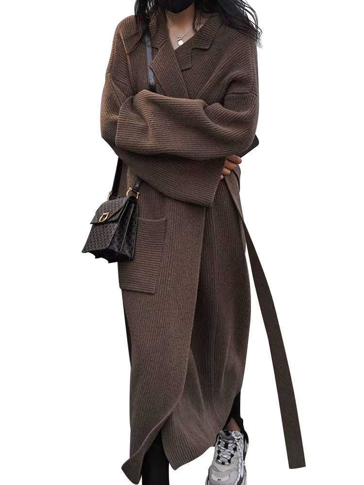 Cardigan à manches longues vintage pour femmes, ceinture de café, pull, veste, manteau, décontracté,