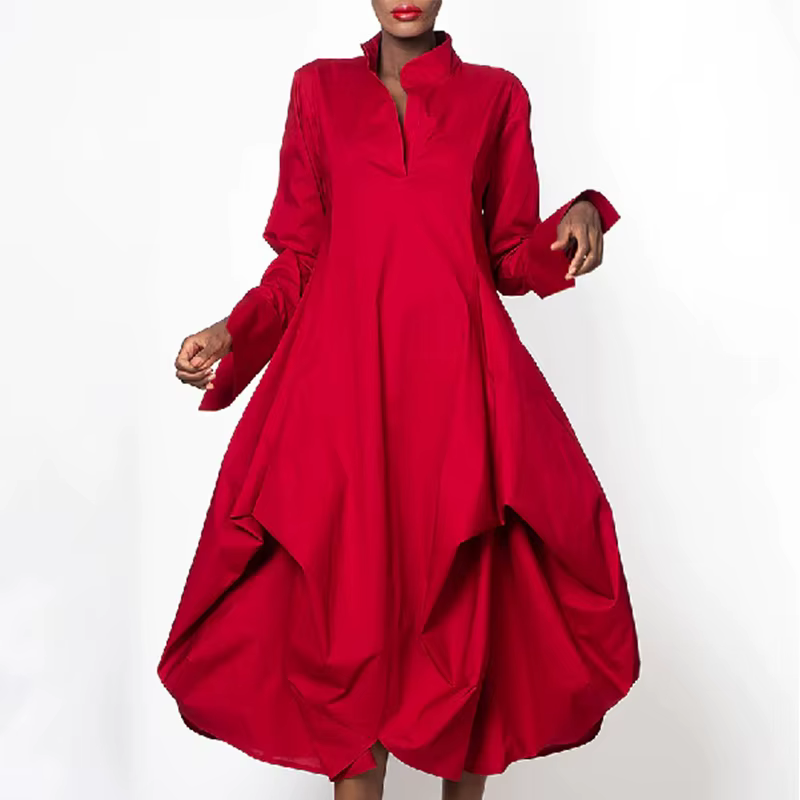 Robe mi-longue rouge à volants asymétriques pour femmes, col haut, col montant, manches longues, amp