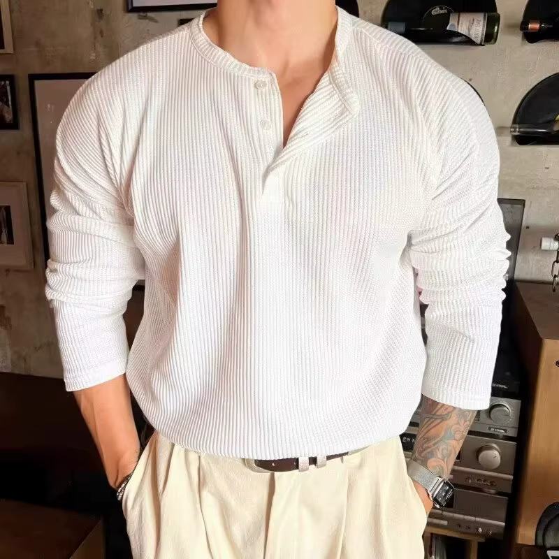 Coréen col Henry T-shirt mode hommes de luxe couleur unie à manches longues hauts loisirs léger affa