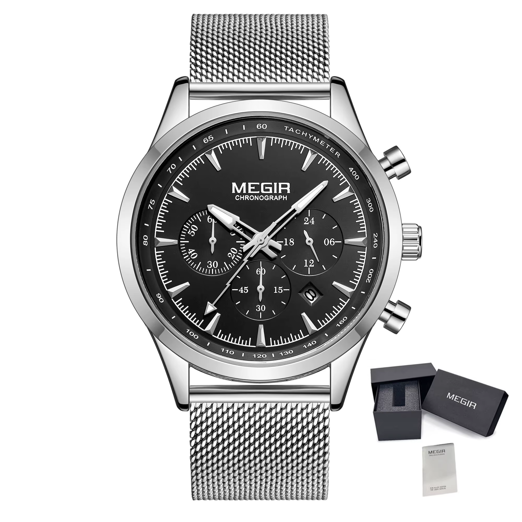 Montre chronographe sport pour homme MEGIR, mouvement à quartz, bracelet en acier maille, étanche, c