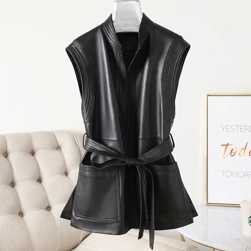 Gilet en cuir véritable mi-long pour femme, en peau de mouton, avec ceinture à lacets, coupe ajustée