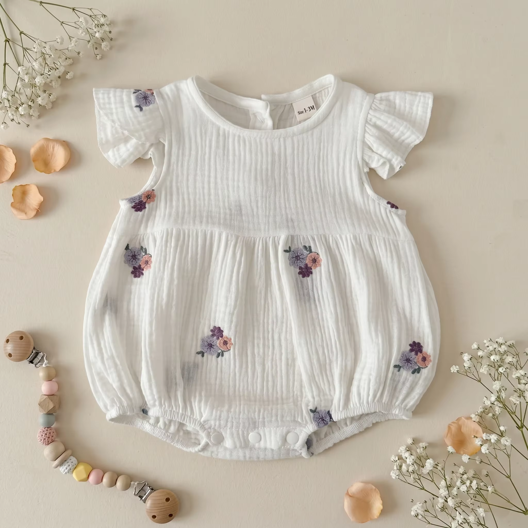Combinaison d'été décontractée à col rond pour bébés filles, couleur unie, broderie de fleurs, adapt