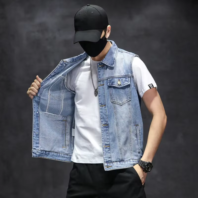 Gilets en denim déchirés pour hommes, veste en fibre de coton, gilet de cow-boy décontracté, streetw