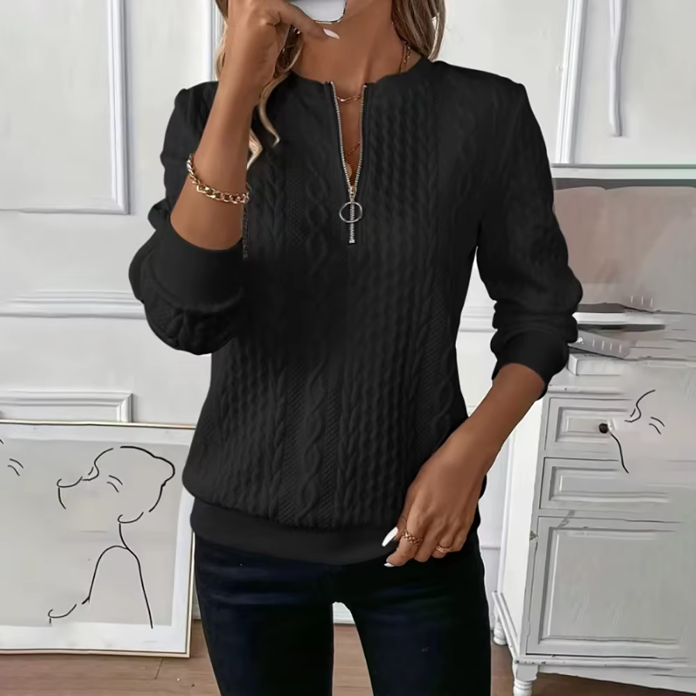 Nouveaux Sweat-shirts à Col en V et Fermeture Éclair pour Femmes, Couleur Unie Texturée, Manches Lon