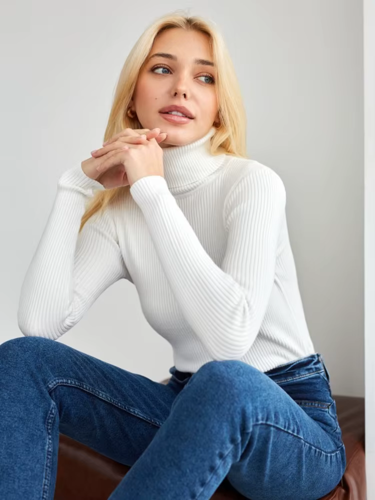 Pull tricoté vert à col roulé pour femme, élégant, manches longues, vêtements d'extérieur Slim, pull