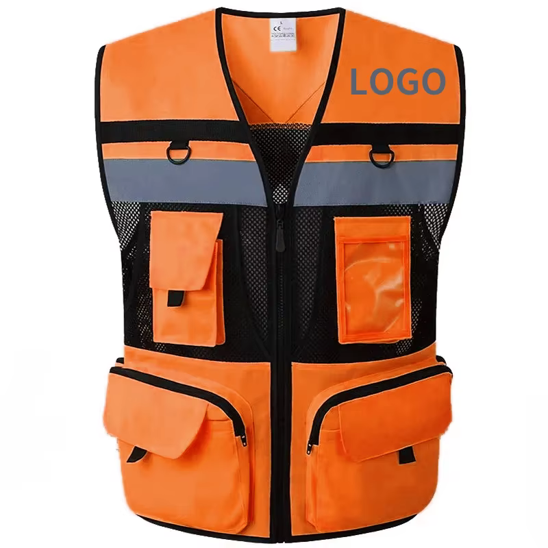 Gilet de sécurité personnalisé avec logo, poches à outils, respirant, haute visibilité, en maille, v