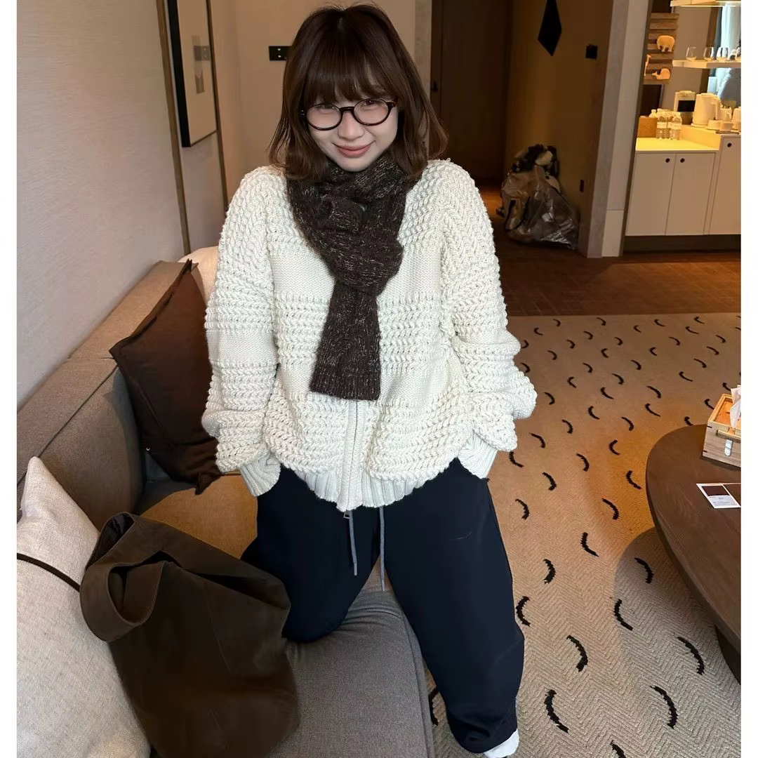 Veste pull tricotée rugueuse Vintage pour femme, cardigan chaud à fermeture éclair, nouvelle collect