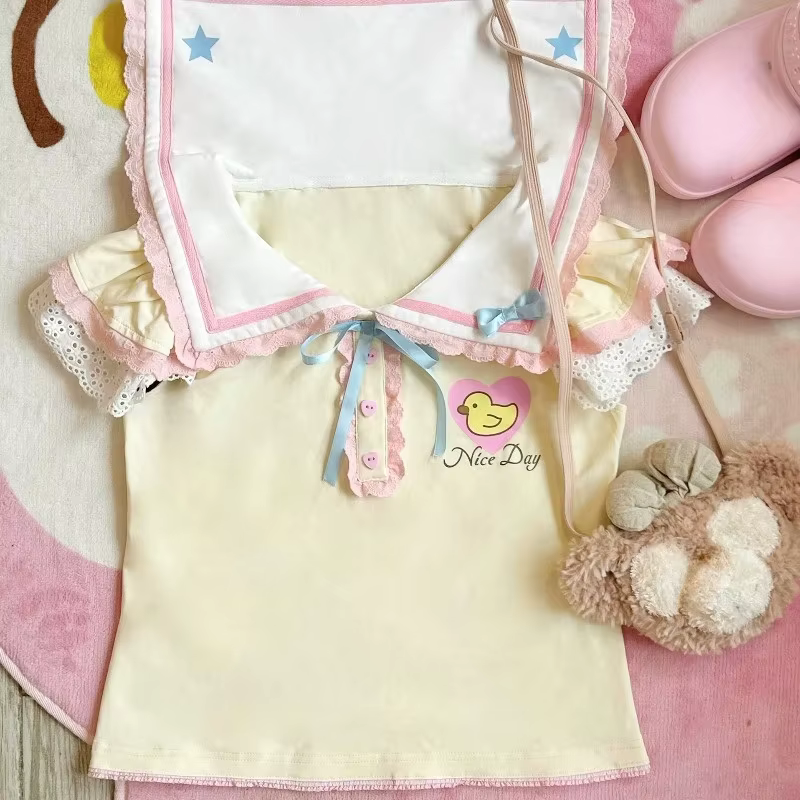 Mignon col marin Y2k esthétique Kawaii doux hauts 90s été femmes Lolita dessin animé imprimé T-shirt