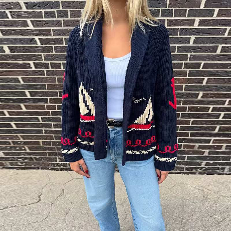 Pull en tricot jacquard à motif voilier pour femme, élégant, à revers, manches longues, avec empièce
