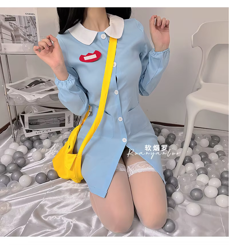 Style japonais col claudine à manches longues robes à simple boutonnage mignon douce fille solide ré