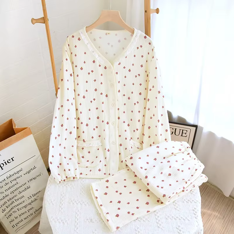 Cardigan en coton à col en V pour femmes, vêtements de nuit, vêtements de printemps et d'automne, ma