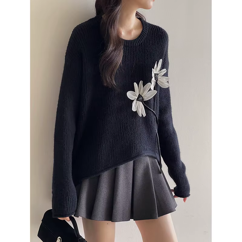 Pull rétro à fleurs tridimensionnelles pour femmes, haut irrégulier avec ourlet d'automne, 2025