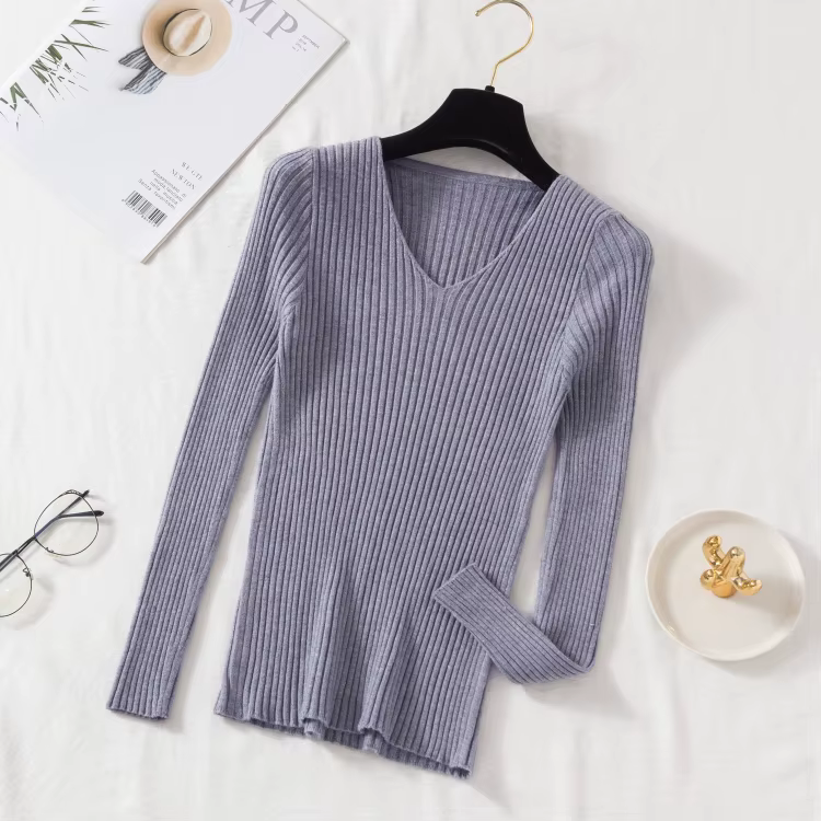 Automne hiver femmes chandails décontracté à manches longues tricoté col en V pull Femme basique sol