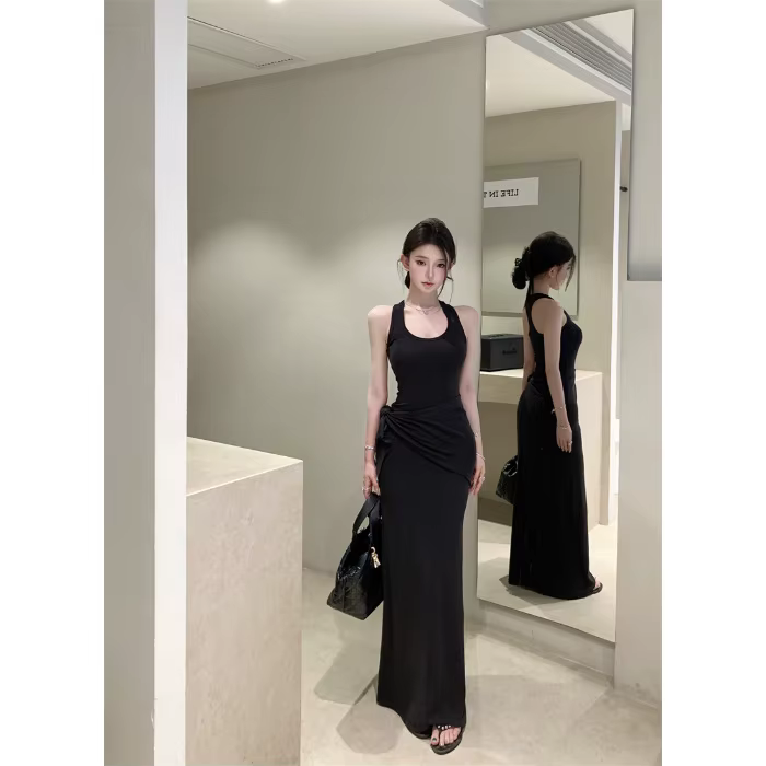 Robe longue noire sans manches à col en U pour femme, style artistique rétro, tendance sportive, aju