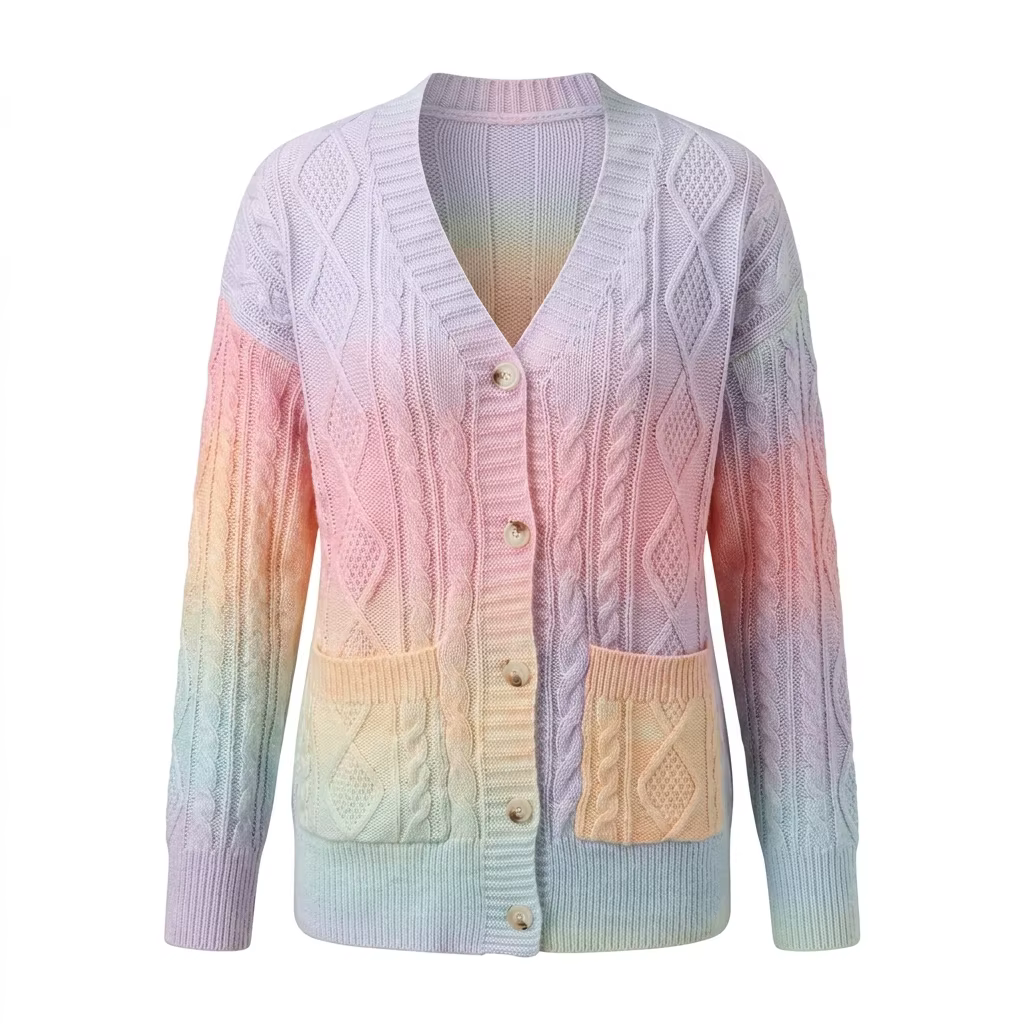 Cardigan en tricot torsadé tie-dye arc-en-ciel pour femme, à manches longues, col en V, boutonné, dé