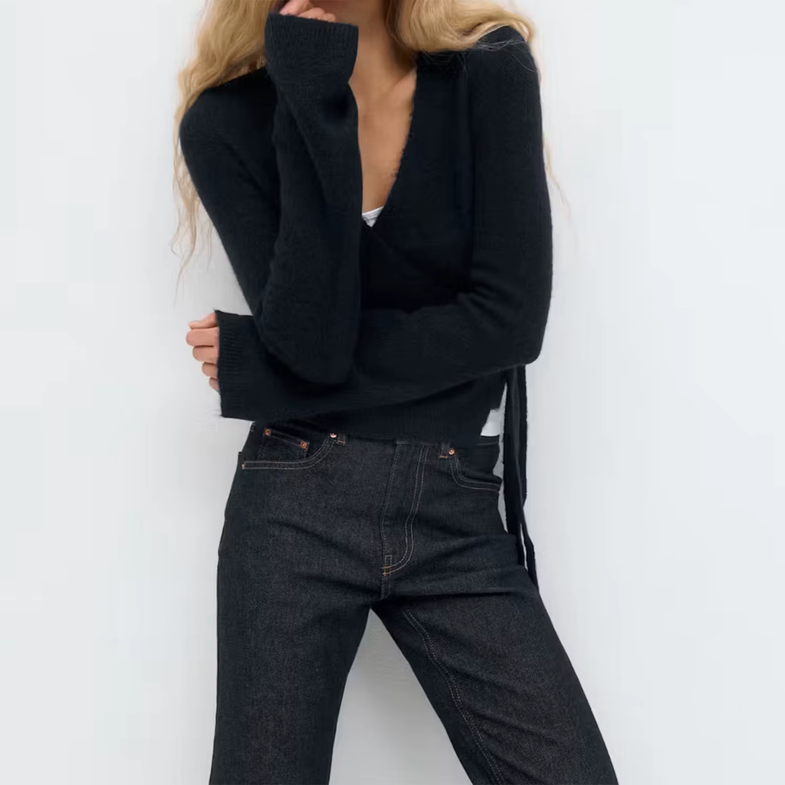 Cardigan portefeuille à nouer sur le devant pour femme, haut Y2K, couleur unie, col en V, manches lo