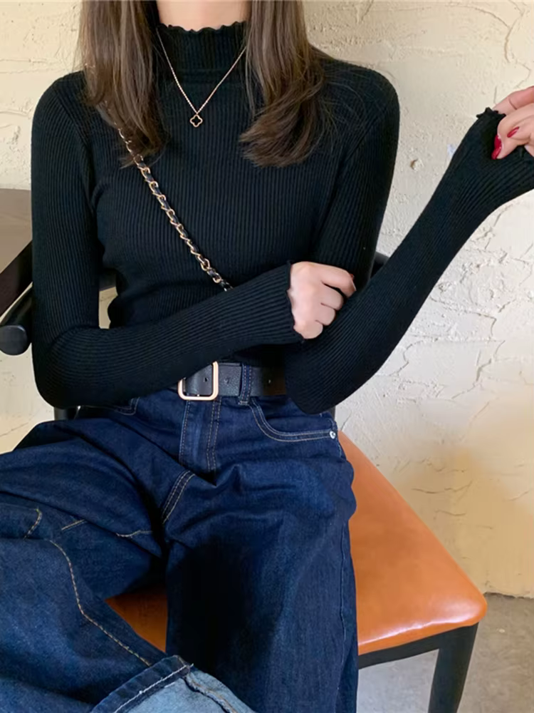 Pull à col roulé à volants pour femmes, pull à manches longues, haut chic, basique, mince, décontrac