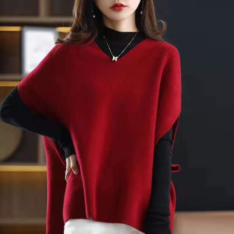 Pull en tricot sans manches col en V gilet femme hauts pull pull chauve-souris tricots Vintage solid