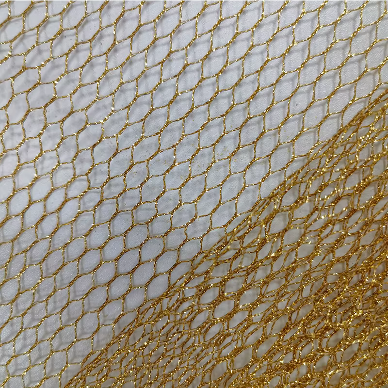 Tissu en maille hexagonale en fil doré entièrement en polyester, motif hexagonal en nid d'abeille, b