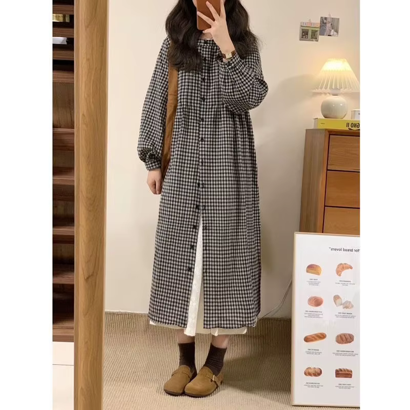 Robe chemise rétro à carreaux à manches longues, nouveau Style d'automne, Style paresseux, robe ampl