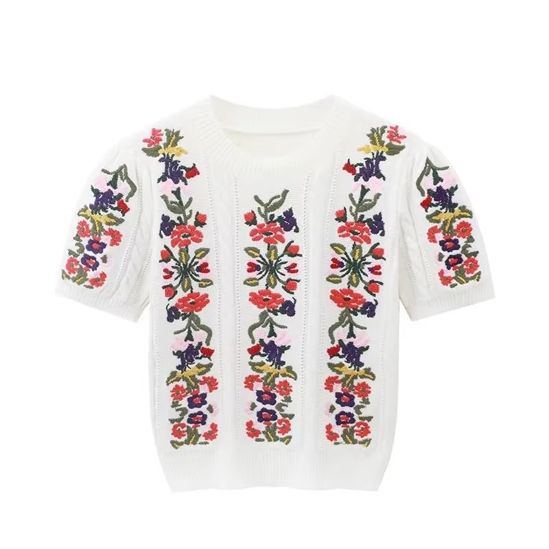 Pull Brodé à Manches Bouffantes et Col Rond pour Femme, Haut Vintage et Élégant, Tricot Chic à la Mo