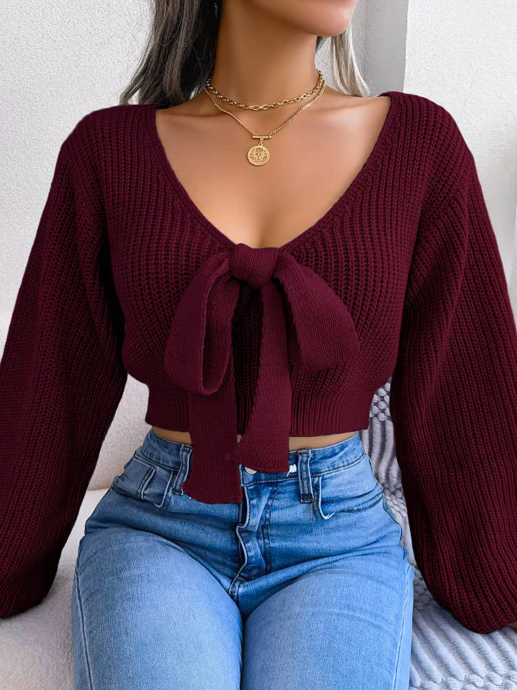 Y2K – pull dos nu avec nœud papillon pour femme, épaules dénudées, manches bouffantes, nœud sur le d